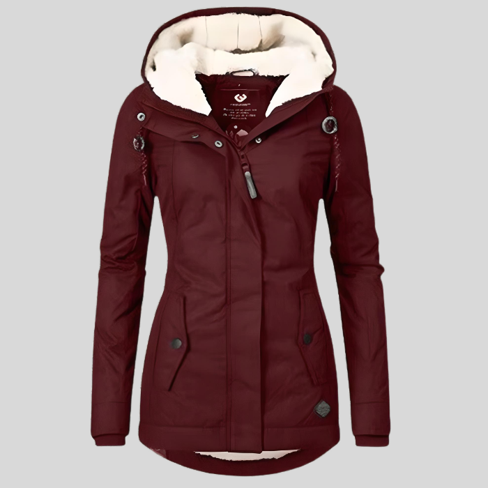 Bordeauxrote lange Damen Winterjacke mit Kapuze – Haus92
