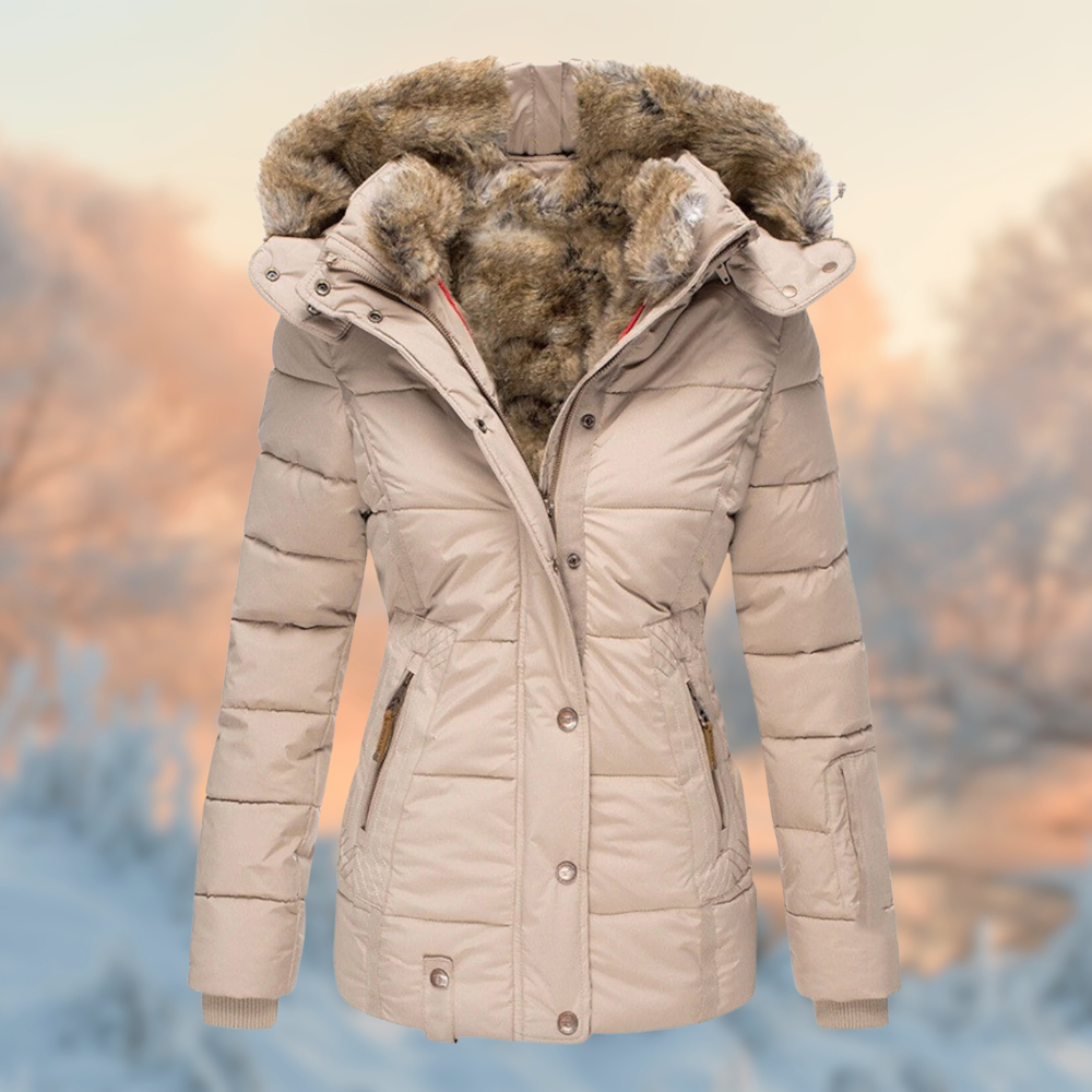 Damen Winterjacke in Beige mit Kapuze und warmem Plüschfutter
