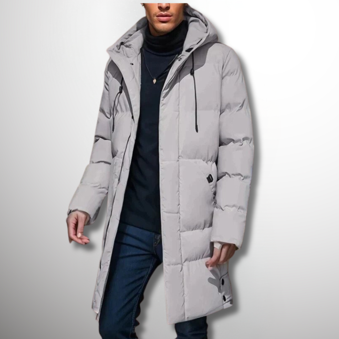 Graue Herren Winterjacke Puffer, lang geschnitten, mit Kapuze und Reißverschluss