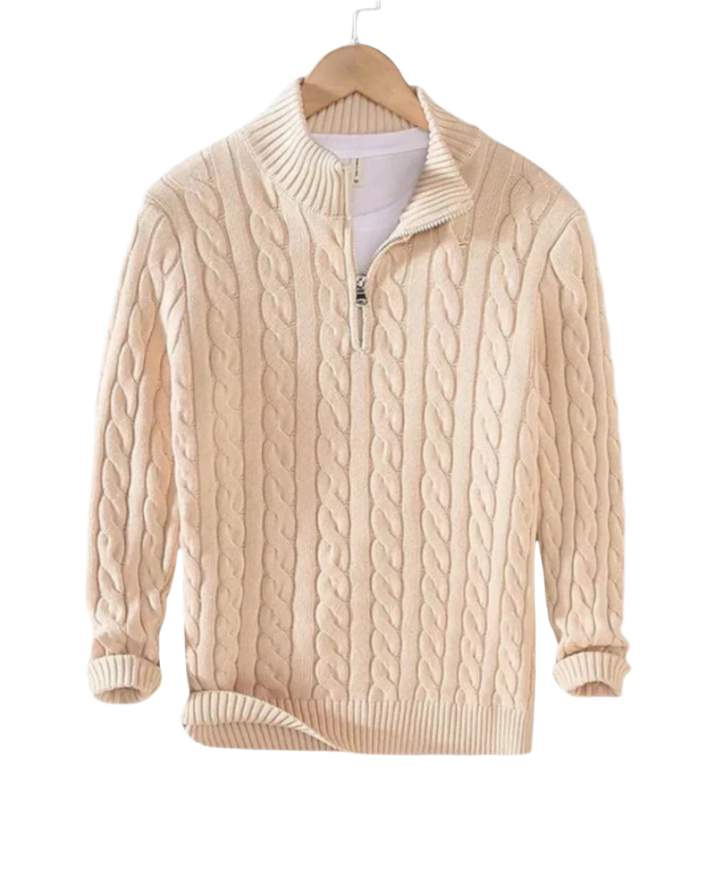 Herren Pullover in Beige mit halbem Reißverschluss und Stehkragen