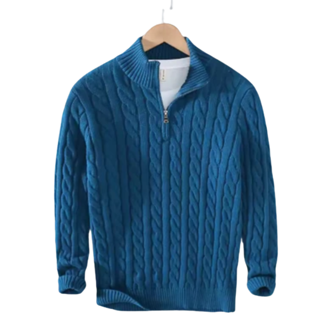 Herren Pullover in Blau mit halbem Reißverschluss und Stehkragen