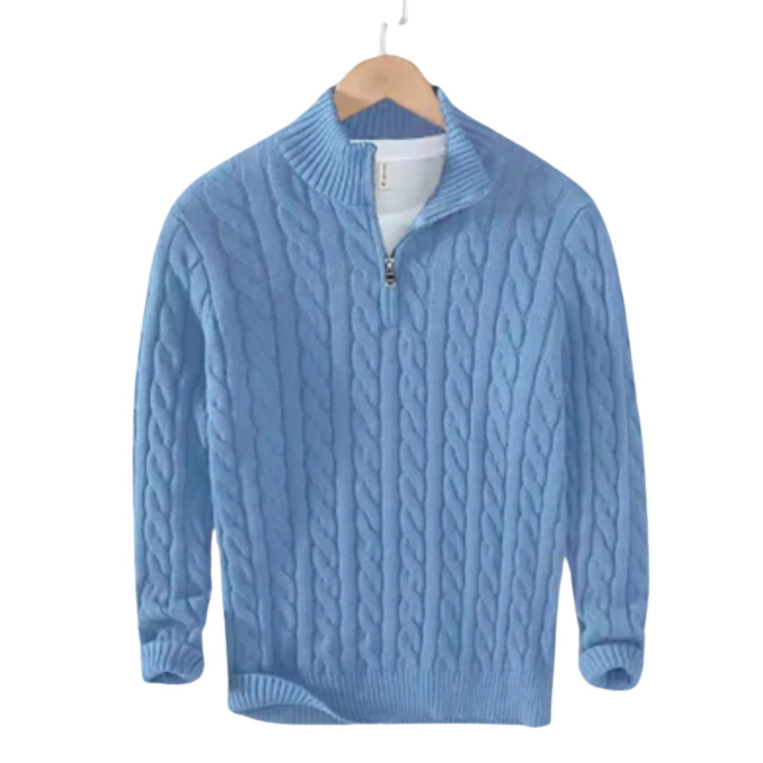 Herren Pullover in Hellblau mit halbem Reißverschluss und Stehkragen
