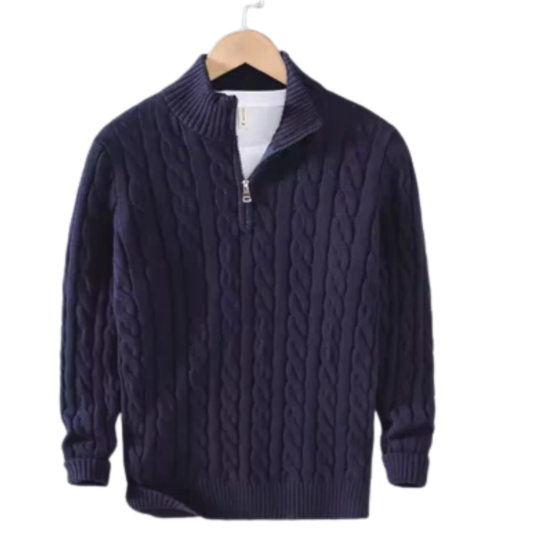 Herren Pullover in Marineblau mit halbem Reißverschluss und Stehkragen