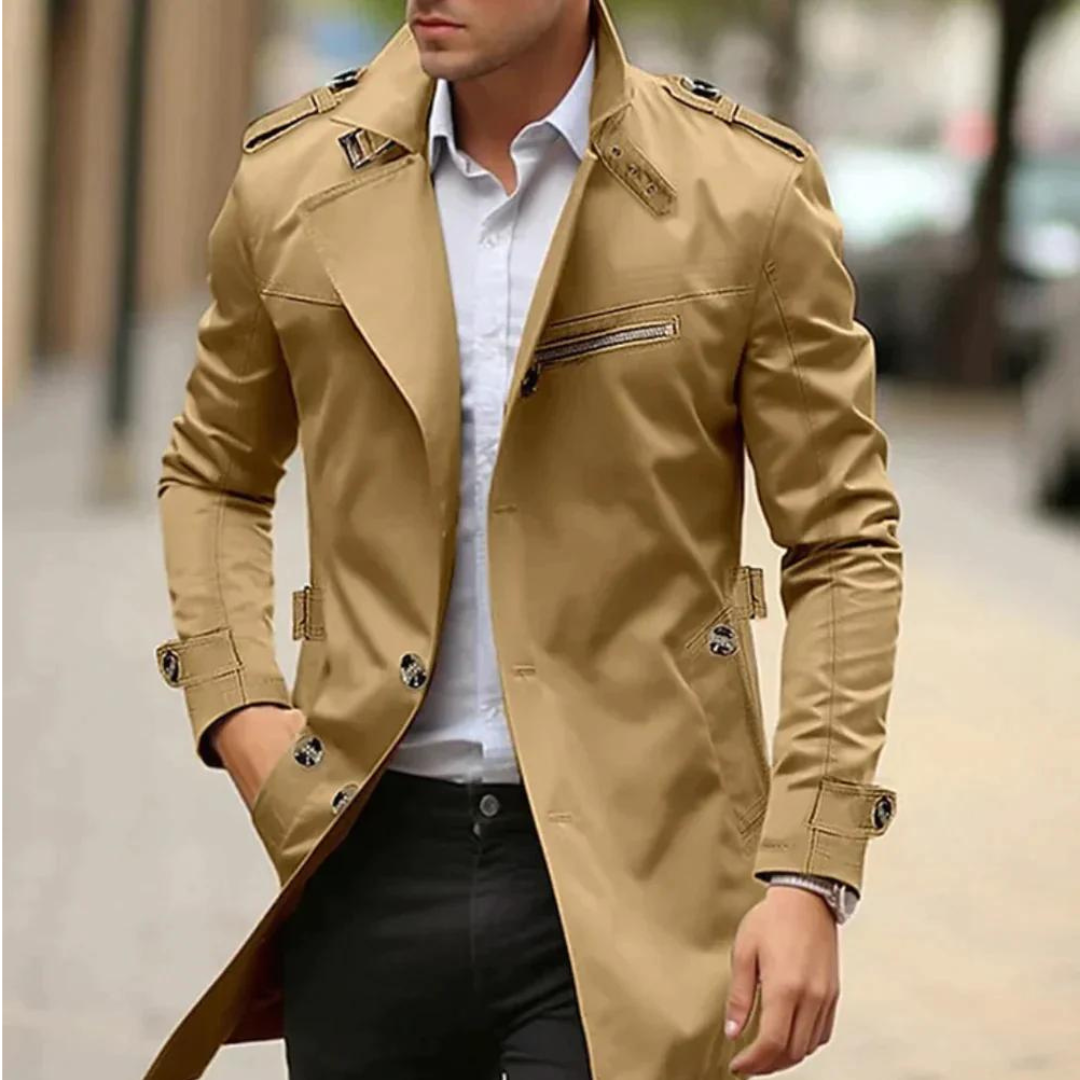 Herren Trenchcoat in Dunkelbeige mit klassischem Reverskragen und elegantem Schnitt