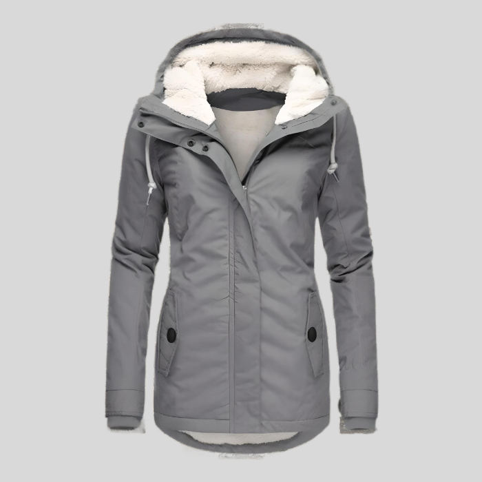 Lange wasserdichte Damen Winterjacke in Grau mit Kapuze und warmem Futter – Haus92
