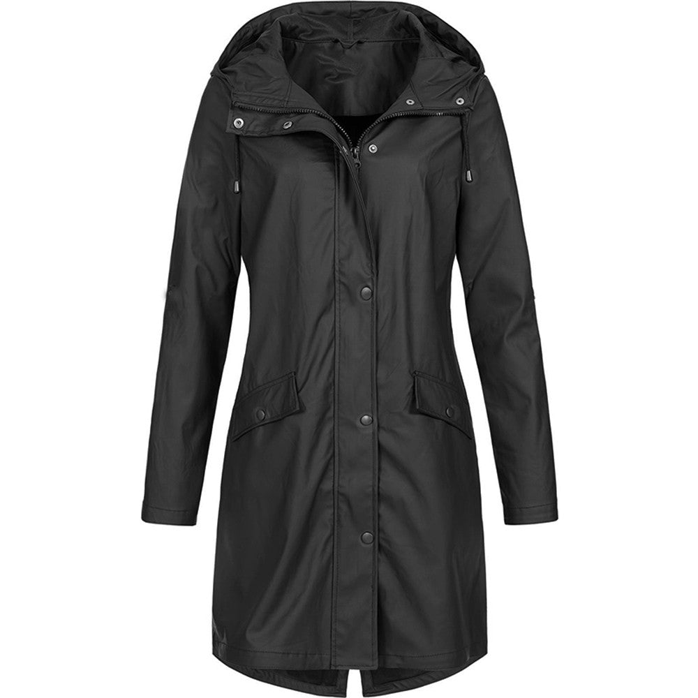 Schwarze Damen Regenjacke, winddichtes Design mit Kapuze,