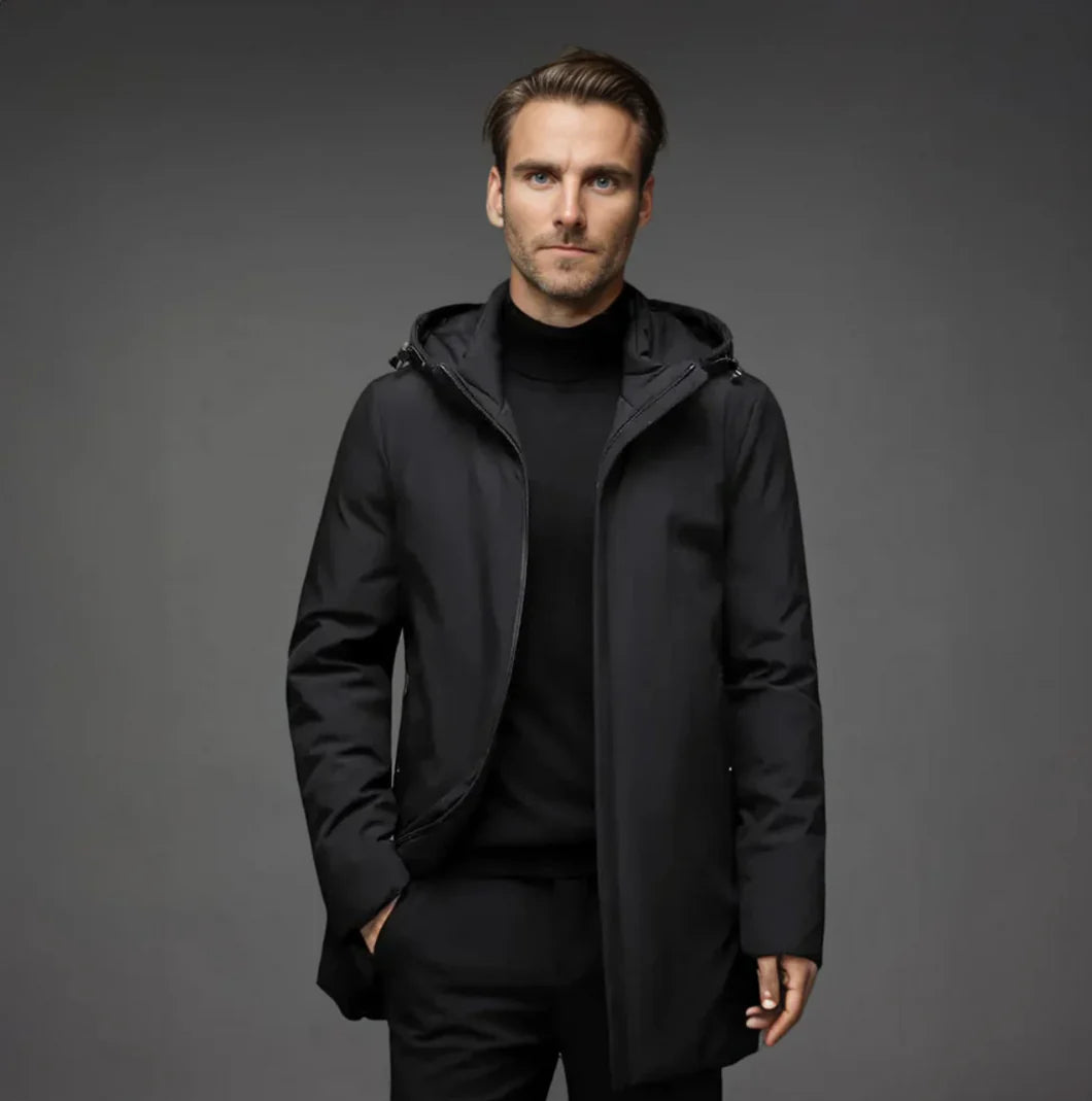 Schwarze Herren Winterjacke im Business-Look, wasserabweisend und atmungsaktiv