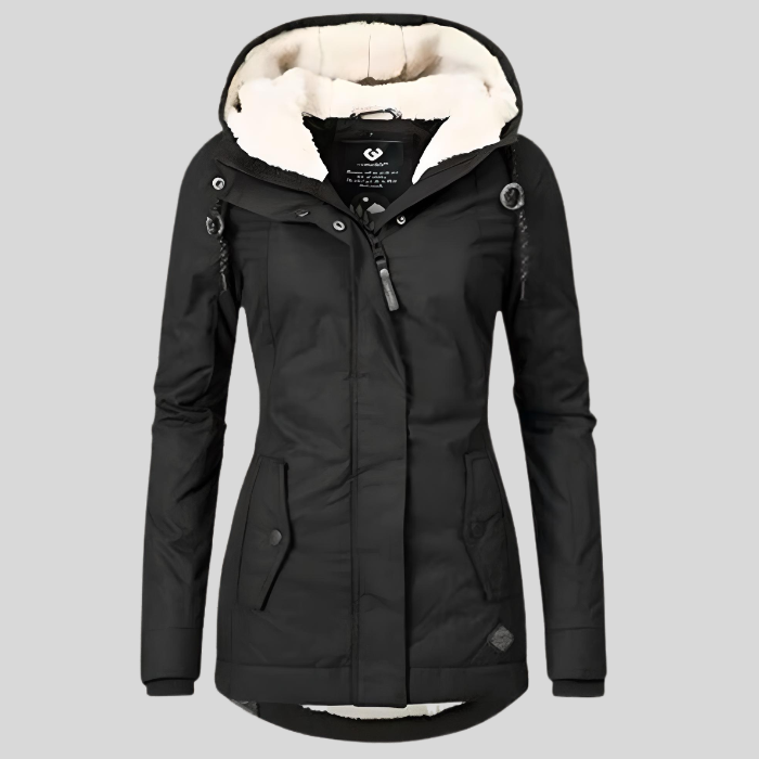 Schwarze lange Damen Winterjacke mit Kapuze und warmem Futter – Haus92