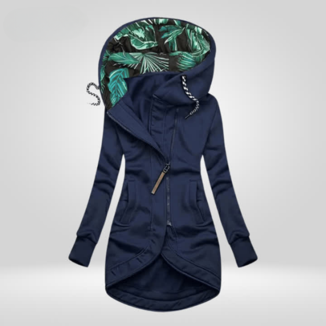 Damen Winterjacke mit Kapuze in Marineblau, windabweisendes Obermaterial, Frontansicht