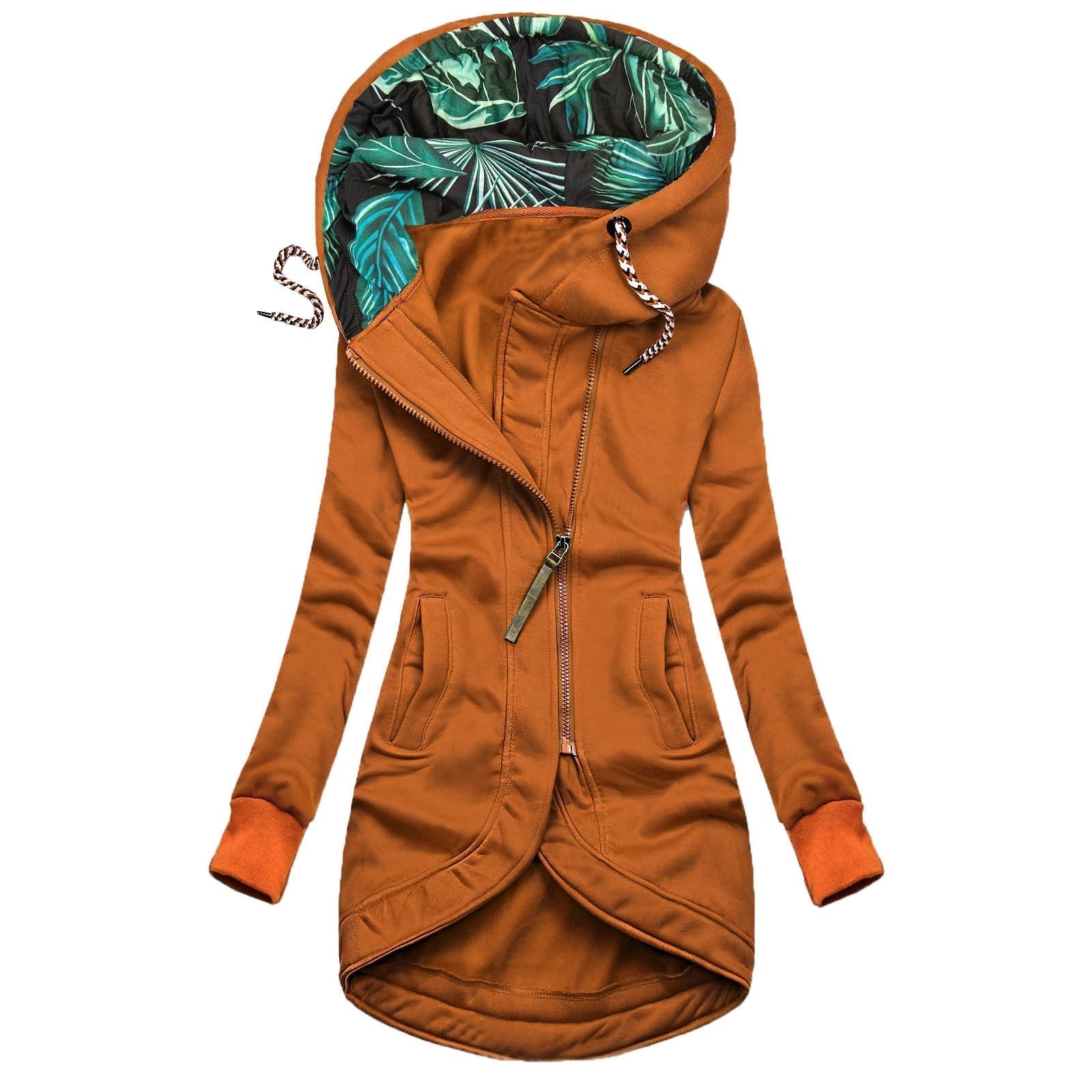 Damen Winterjacke mit Kapuze in Orange, windabweisendes Obermaterial, Frontansicht