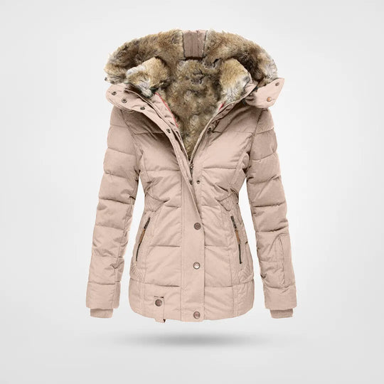 Damen Winterparka in Rosa mit Kunstfellkapuze, Frontansicht