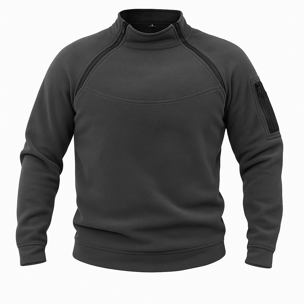 Herren Fleecepullover in Grau mit halbem Reißverschluss, Frontansicht ohne Modell