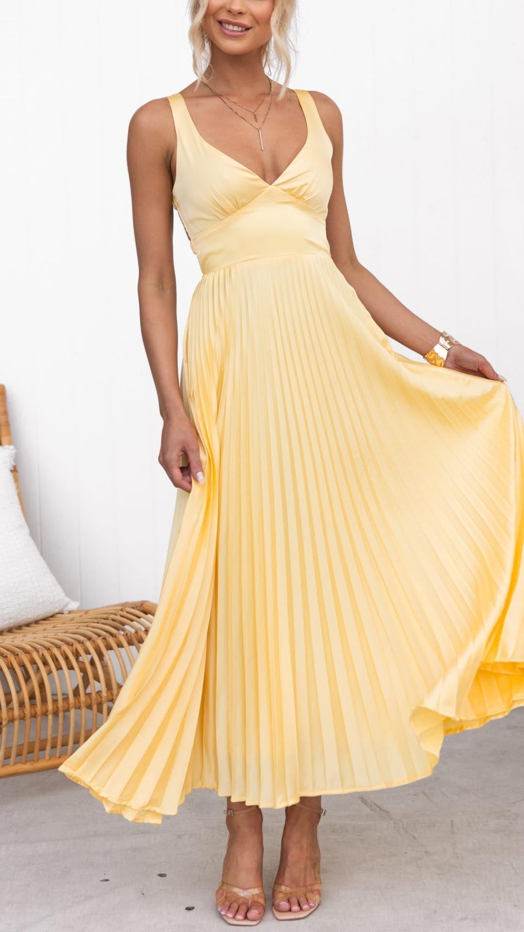 Alina Damen Maxikleid | Plissiert, V-Ausschnitt 0