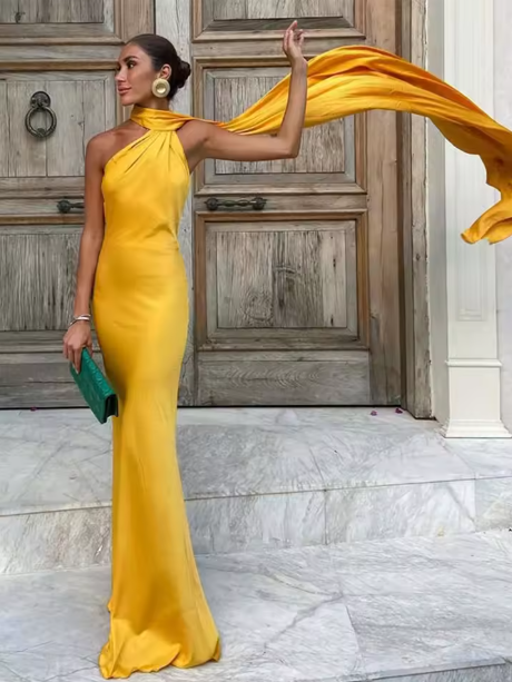 Aline Damen Maxikleid | Satin, Einschultrig mit Cape 1