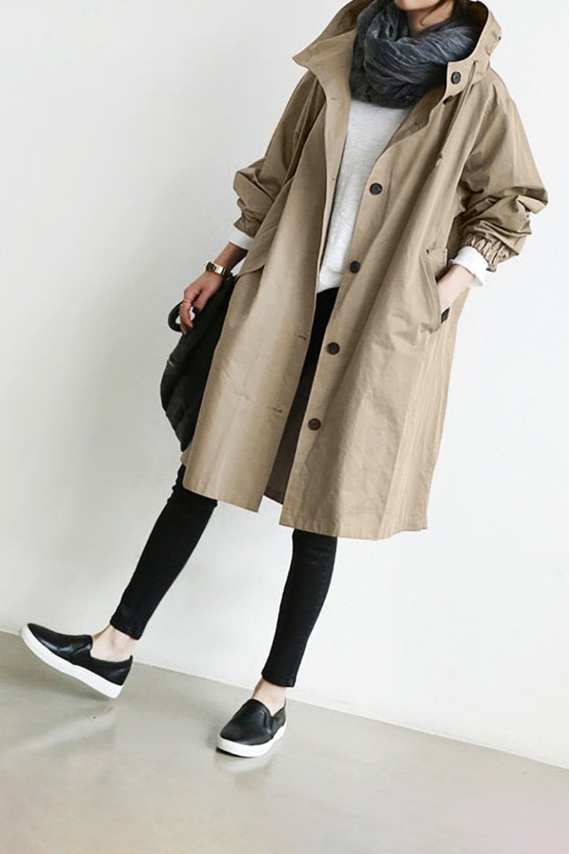 Beiger Damen Trenchcoat mit Kapuze – klassischer wasserdichter Regenmantel – Haus92
