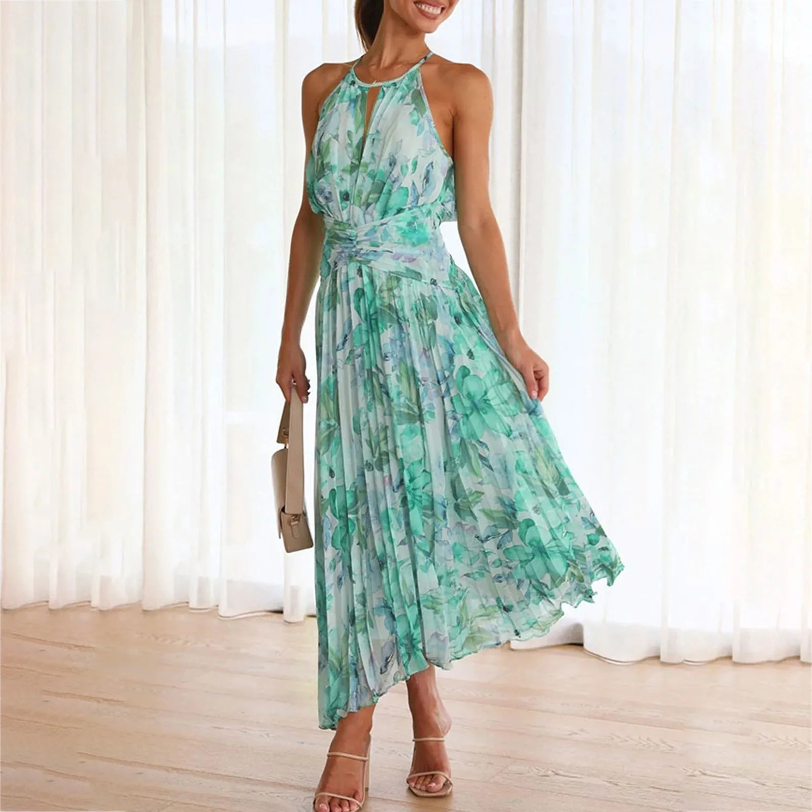 Boho Floral Swing Kleid für Damen – Elegantes Neckholder Sommerkleid aus Atmungsaktivem Stoff 0