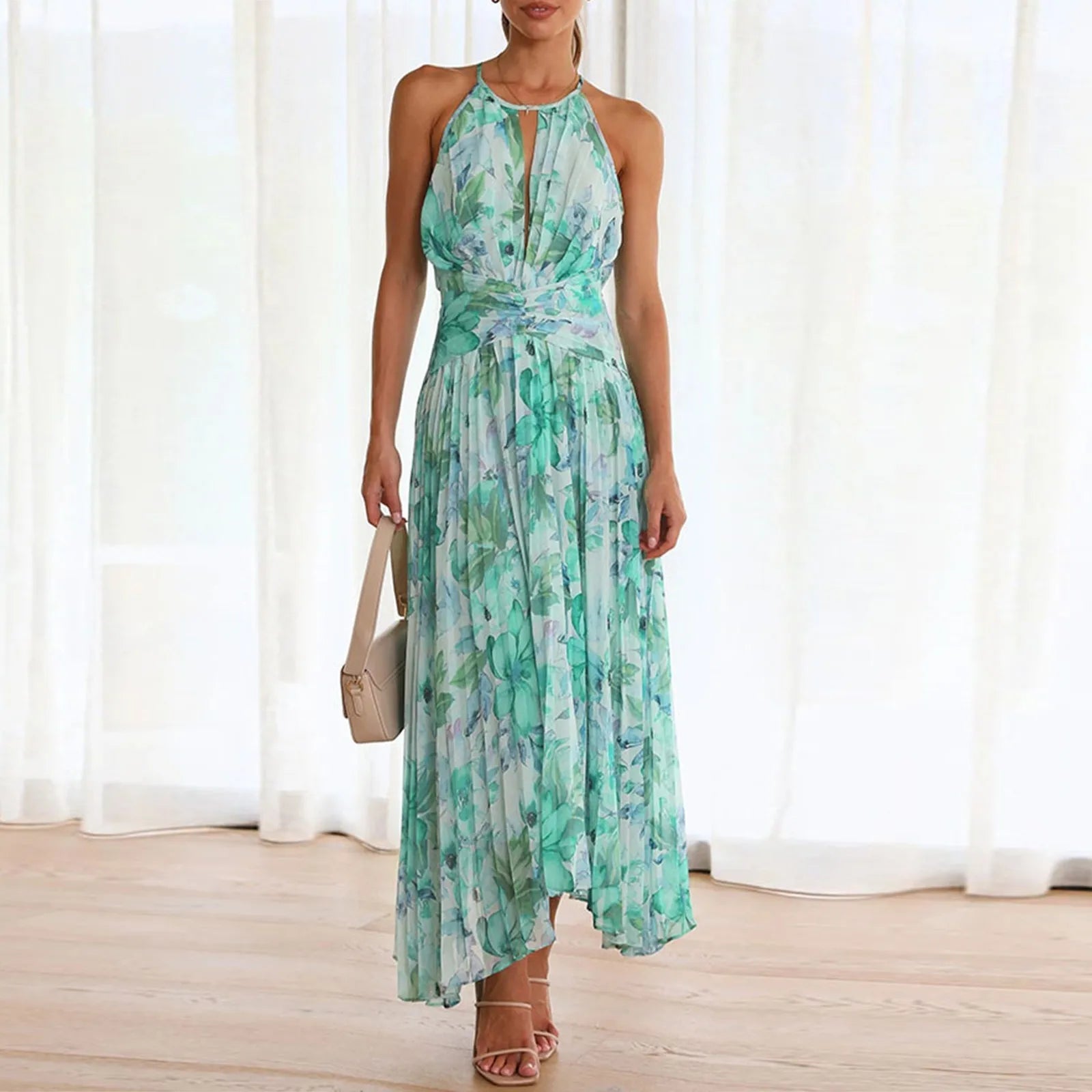 Boho Floral Swing Kleid für Damen – Elegantes Neckholder Sommerkleid aus Atmungsaktivem Stoff 2