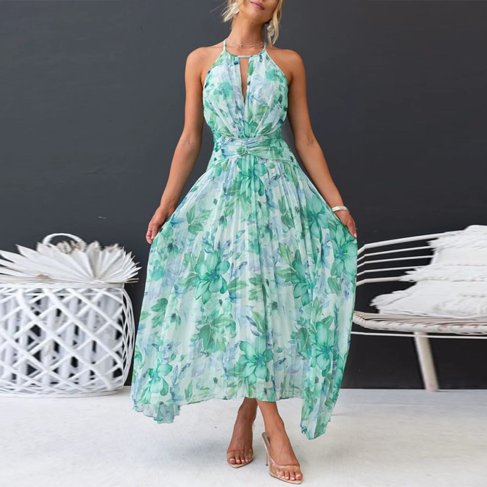 Boho Floral Swing Kleid für Damen – Elegantes Neckholder Sommerkleid aus Atmungsaktivem Stoff 3