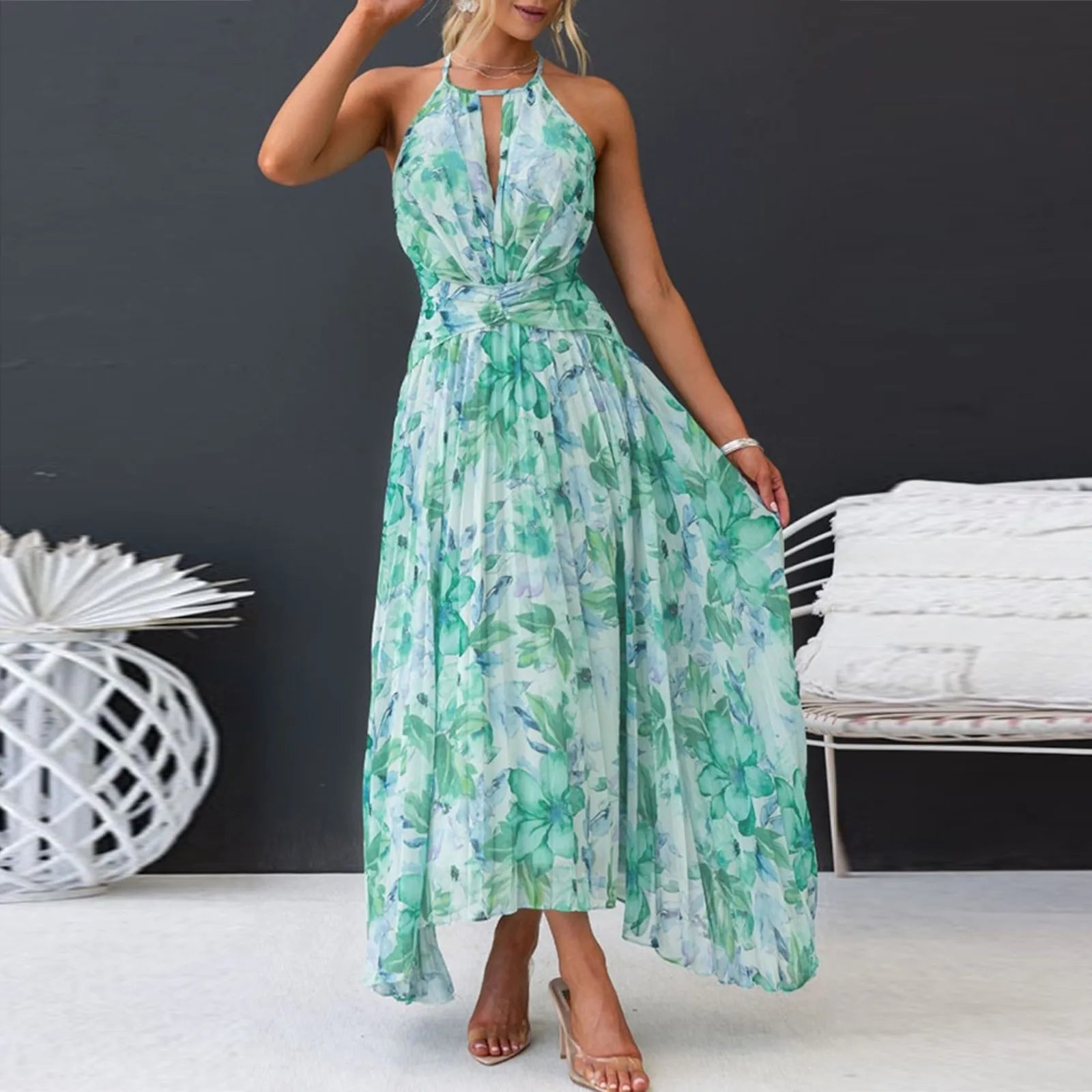 Boho Floral Swing Kleid für Damen – Elegantes Neckholder Sommerkleid aus Atmungsaktivem Stoff 4