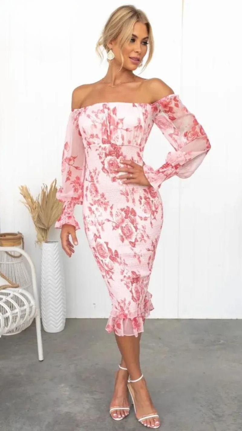 Dalia Damen Midi-Kleid | Schulterfrei mit Blumenmuster 0