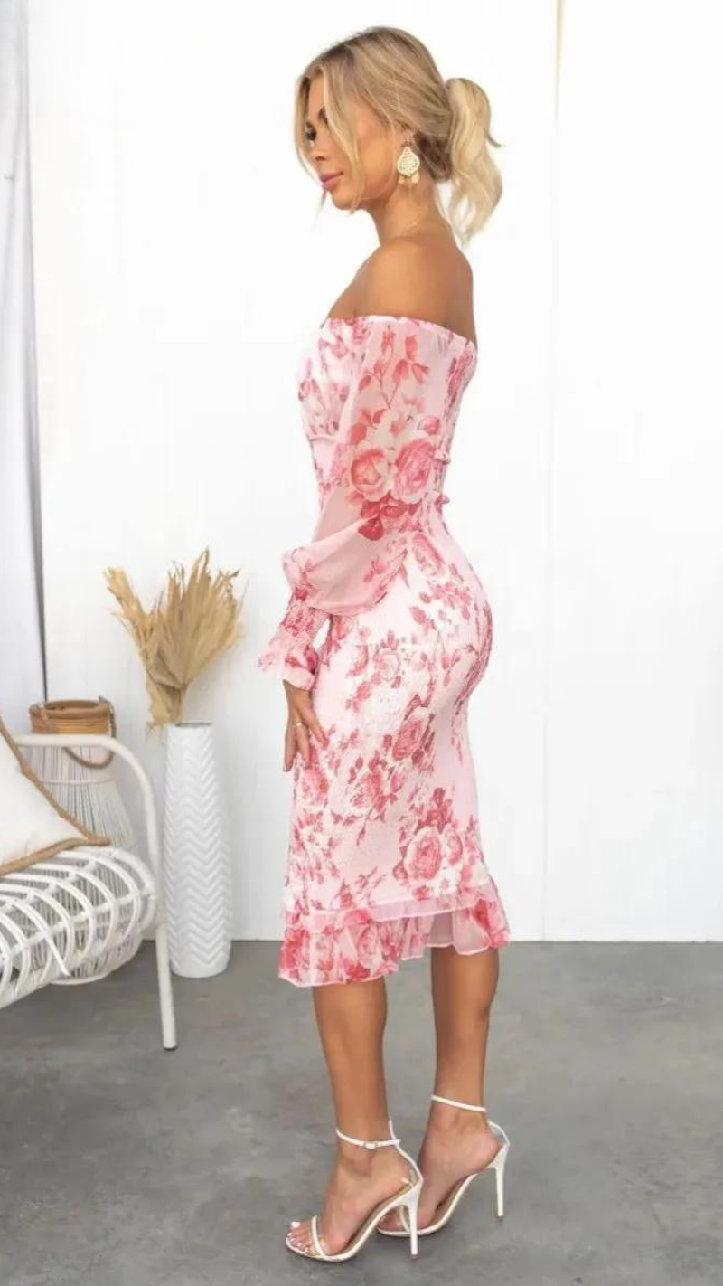 Dalia Damen Midi-Kleid | Schulterfrei mit Blumenmuster 2