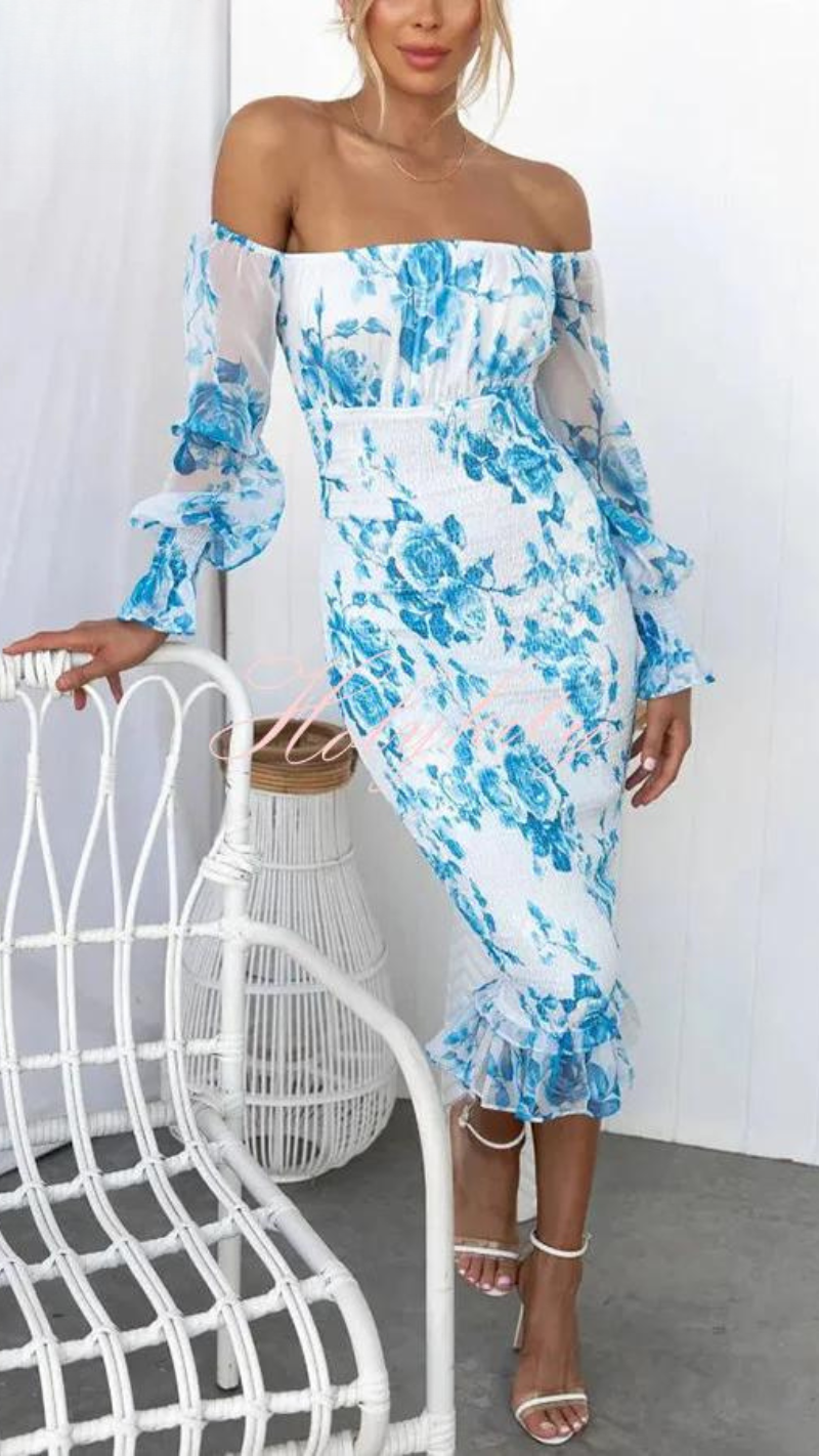 Dalia Damen Midi-Kleid | Schulterfrei mit Blumenmuster 6