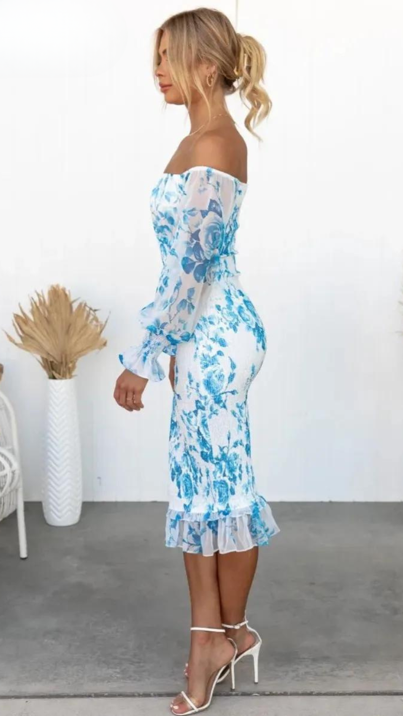 Dalia Damen Midi-Kleid | Schulterfrei mit Blumenmuster 7