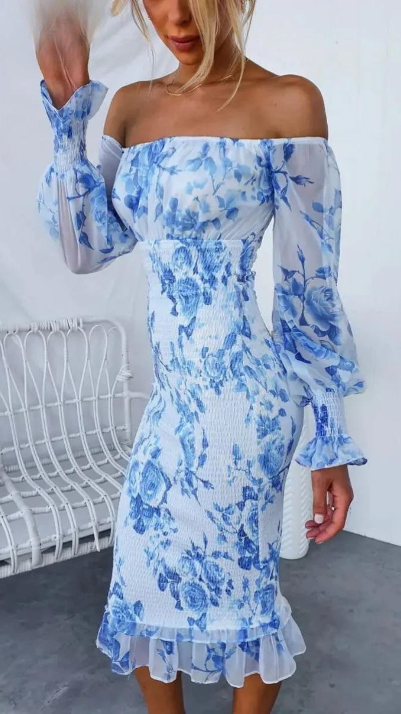 Dalia Damen Midi-Kleid | Schulterfrei mit Blumenmuster 8