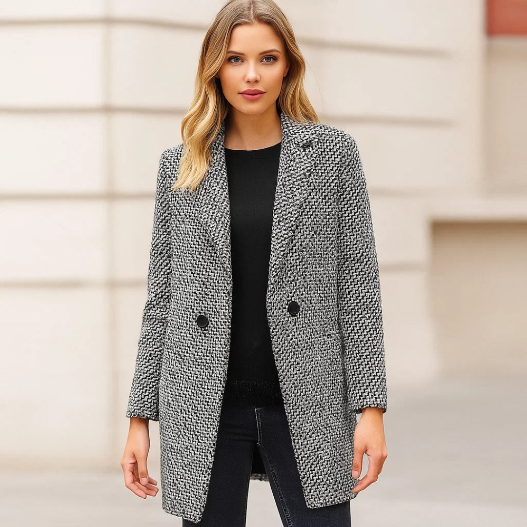 Damen Winterjacke Langer WollMantel mit Hahnentrittmuster