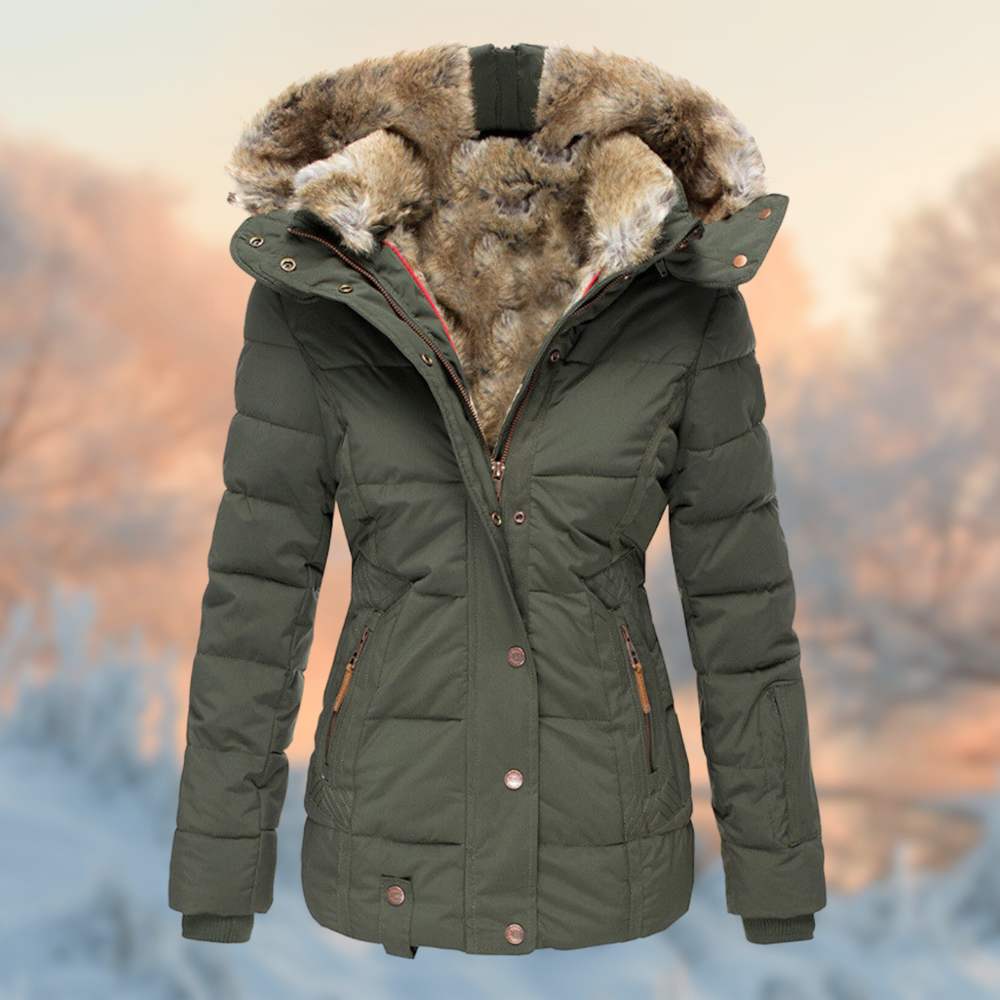 Damen Winterjacke in Grün mit Kapuze und warmem Plüschfutter