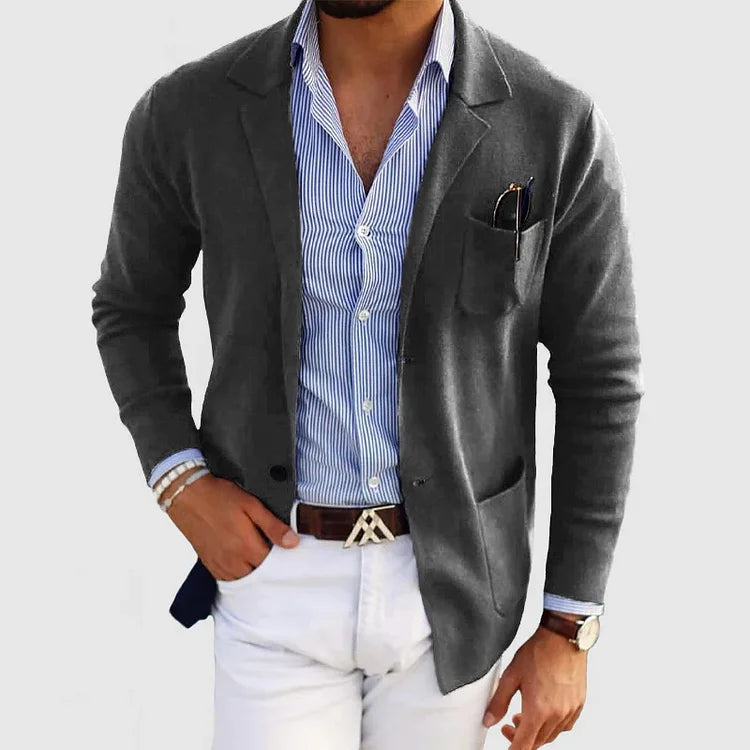 Dunkelgrauer Herren Strickblazer mit Knöpfen und Regular-Fit-Passform