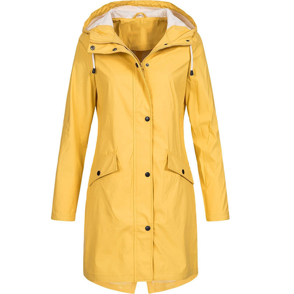 Gelbe Damen Regenjacke mit Kapuze, wasserdicht und winddicht