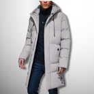Graue Herren Winterjacke Puffer, lang geschnitten, mit Kapuze und Reißverschluss