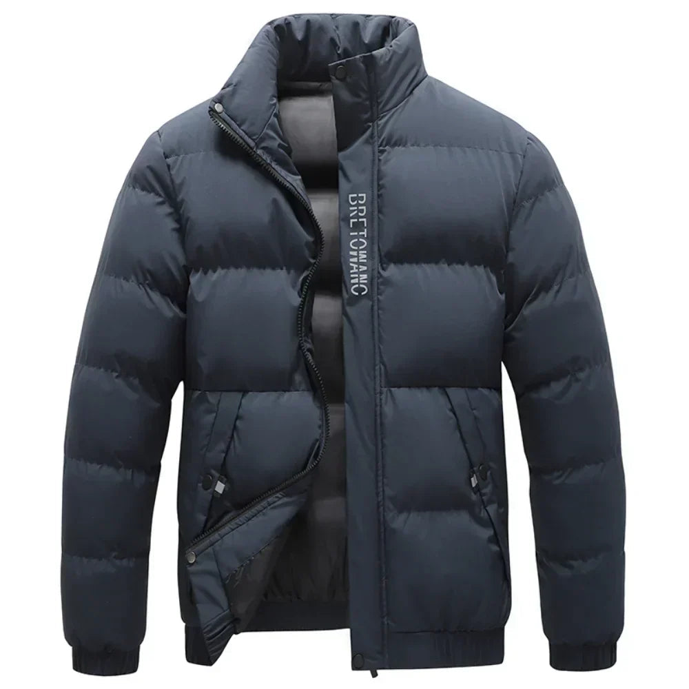 Herren Pufferjacke marineblau mit Stehkragen und Reißverschluss, wind- und wasserabweisend