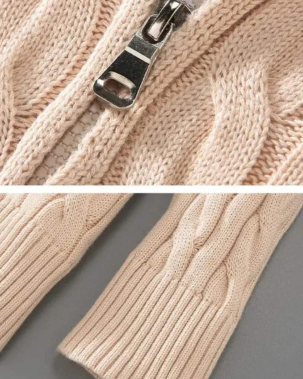 Herren Pullover in Beige mit halbem Reißverschluss und Stehkragen