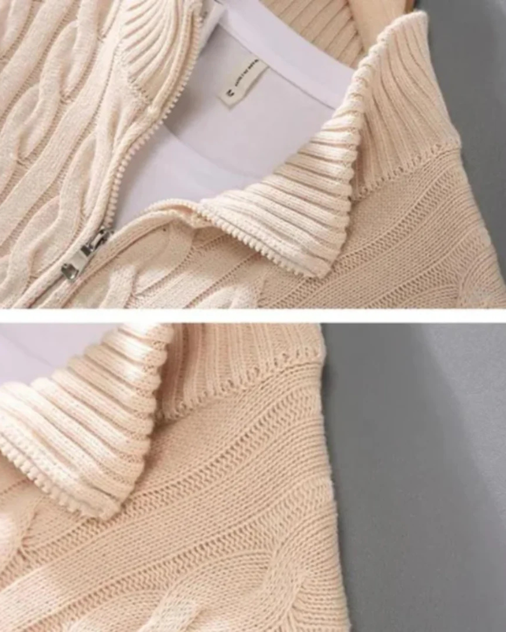 Herren Pullover in Beige mit halbem Reißverschluss und Stehkragen