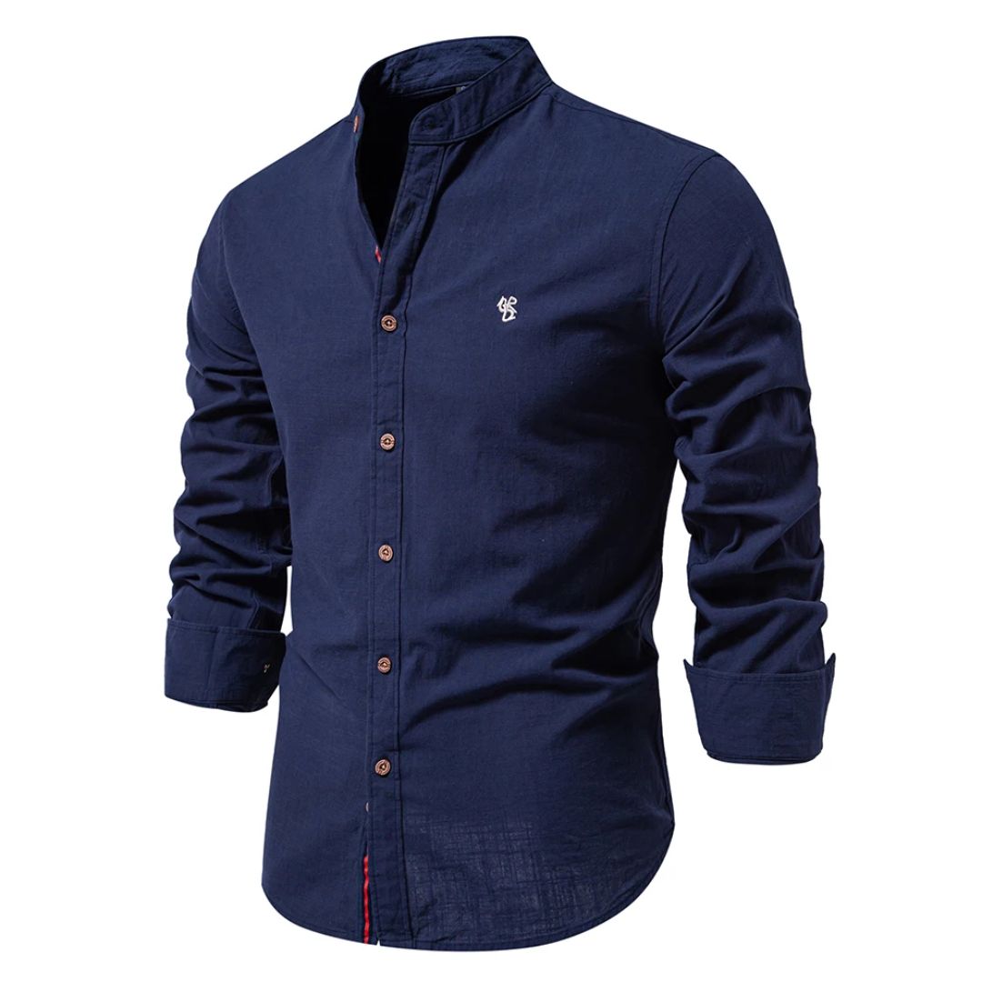 Herren Trachtenhemd navy blau aus 100 % Baumwolle mit Umlegekragen und Langarm