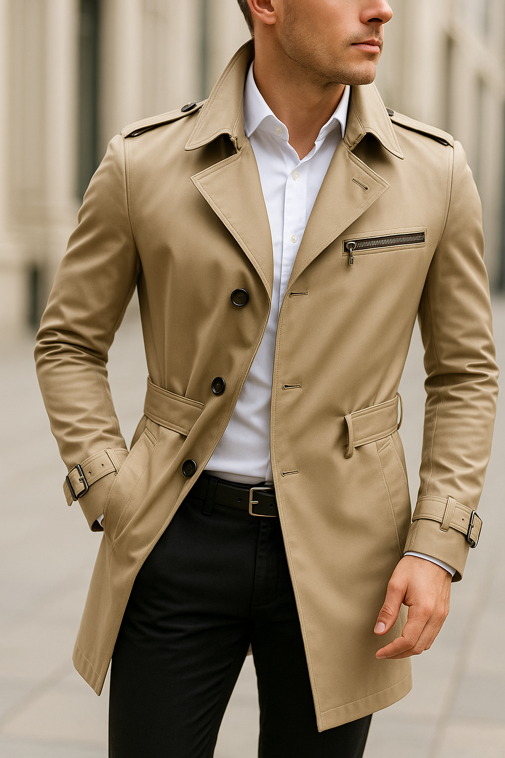 Herren Trenchcoat in Beige mit klassischem Reverskragen und elegantem Schnitt