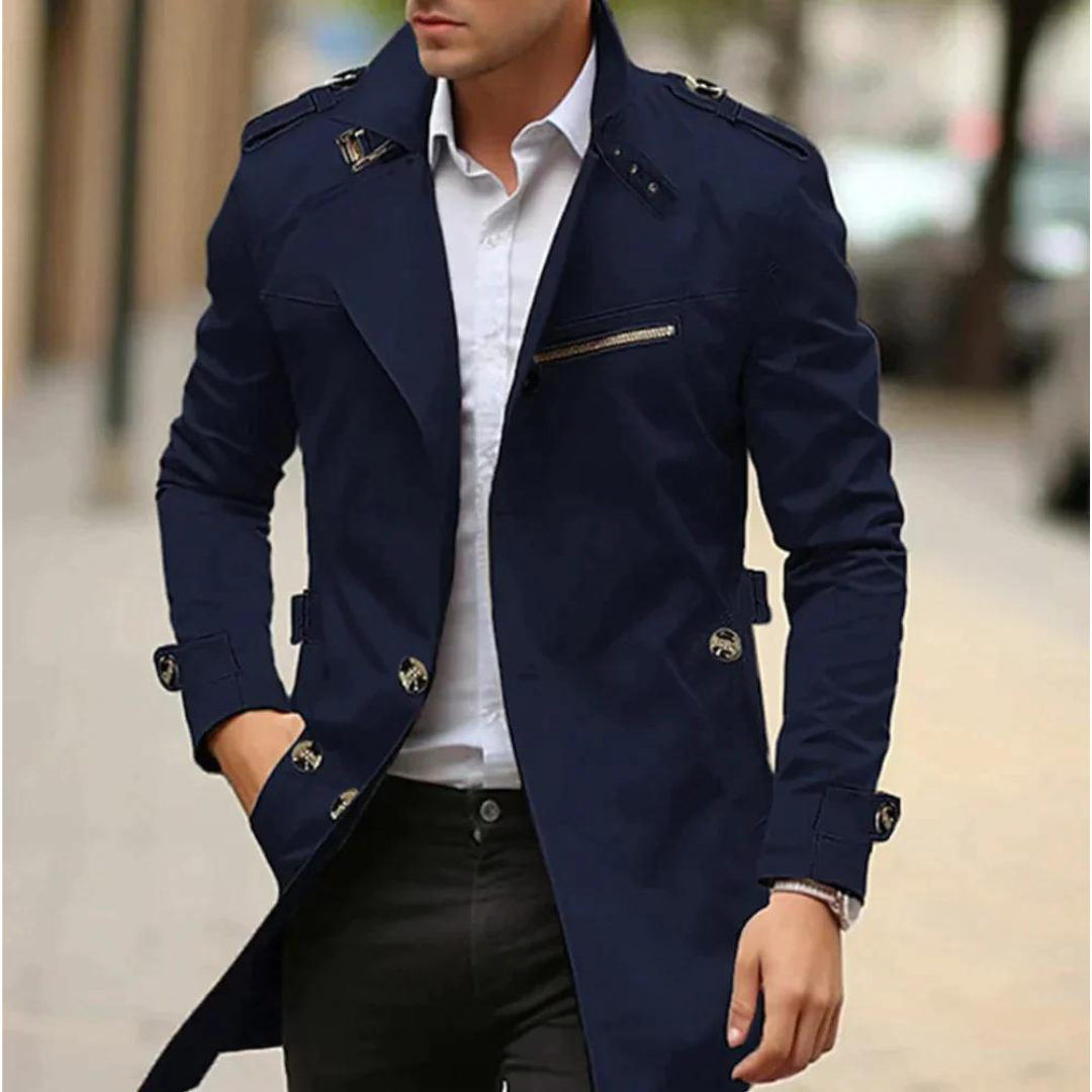 Herren Trenchcoat in Blau mit klassischem Reverskragen und elegantem Schnitt