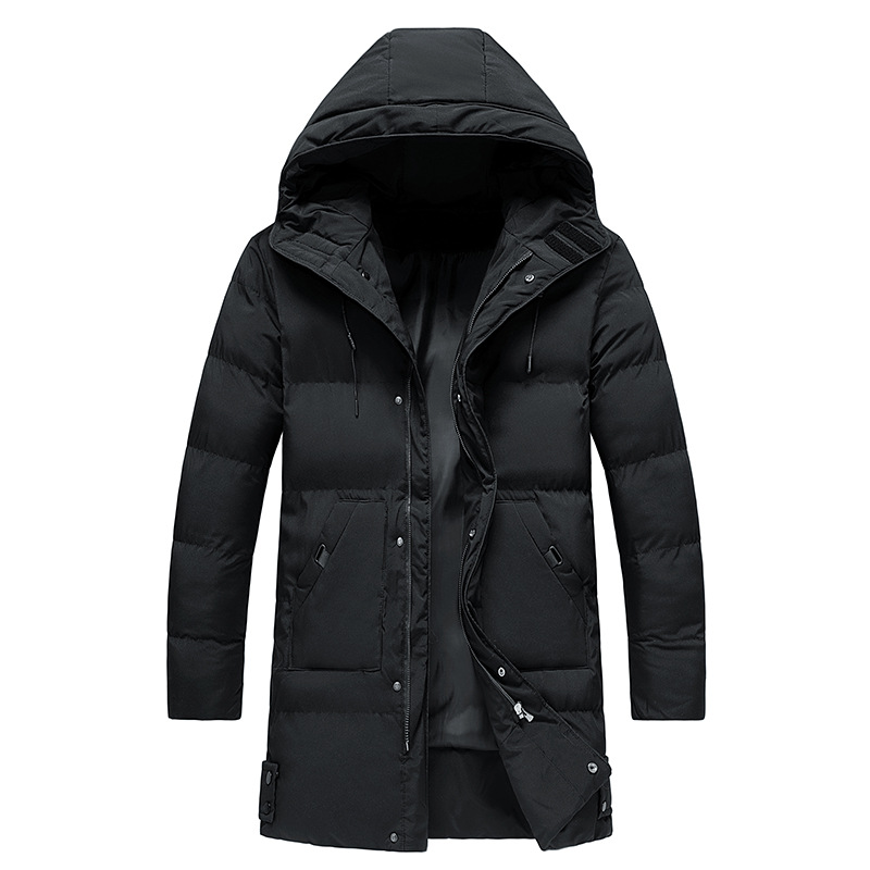 Herren Winterjacke in Schwarz, lang geschnitten mit Kapuze und Futter