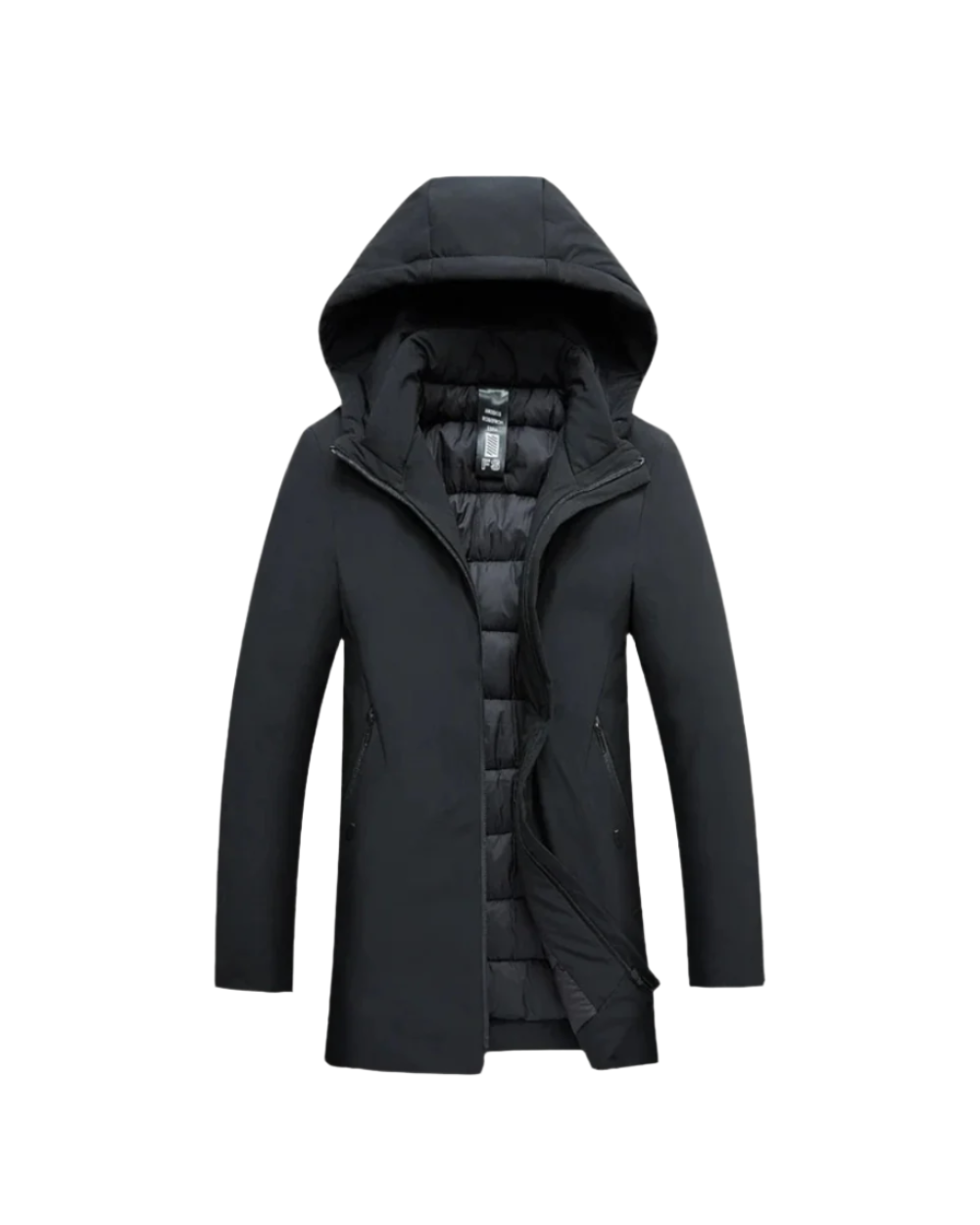 Lange Herren Winterjacke schwarz mit Kapuze und Reißverschluss, wasserabweisender Stoff