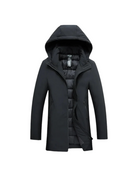 Lange Herren Winterjacke schwarz mit Kapuze und Reißverschluss, wasserabweisender Stoff