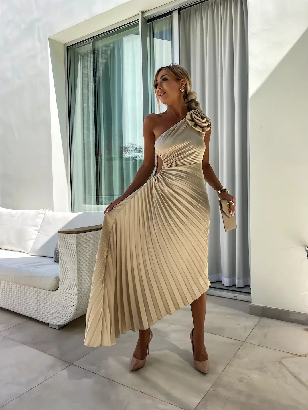 Lila Damen Kleid | Romantisches One-Shoulder-Design mit Blumenmuster 3