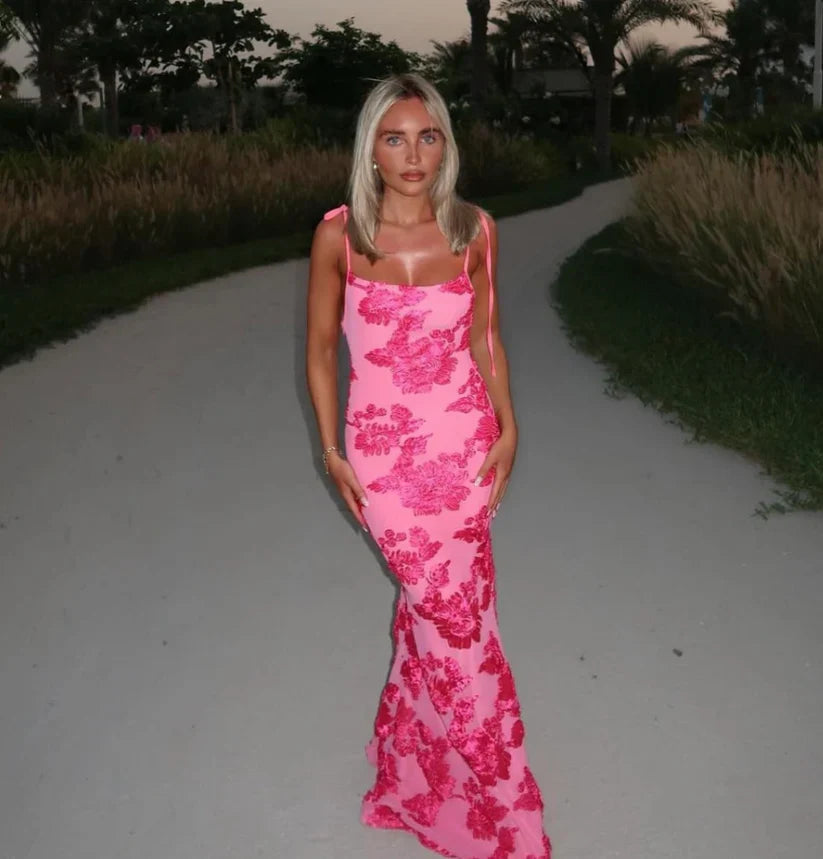 Lila Damen Maxikleid | Blumendesign, Verstellbare Träger 0