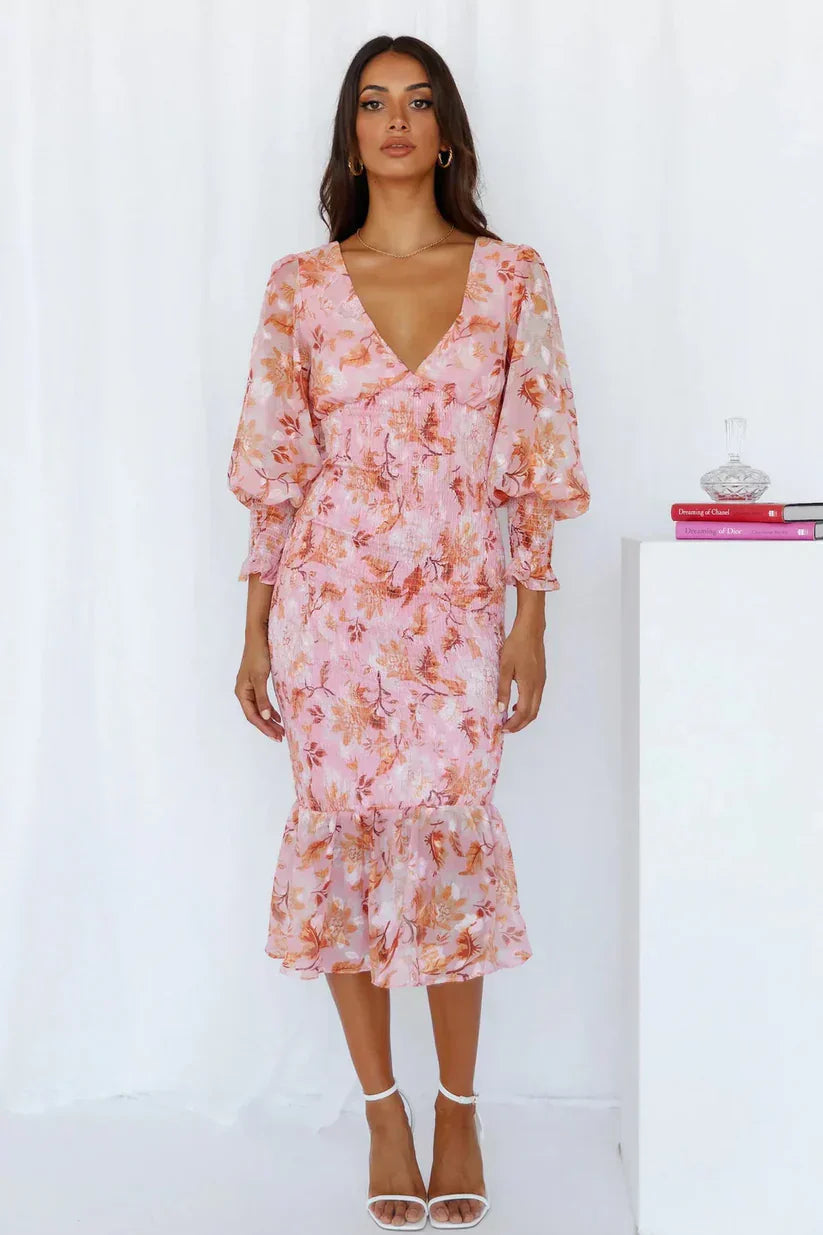Mira Damen Midi Kleid | Blumenmuster, Elegante Puffärmel 1