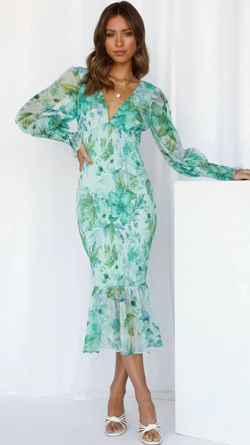 Mira Damen Midi Kleid | Blumenmuster, Elegante Puffärmel 3