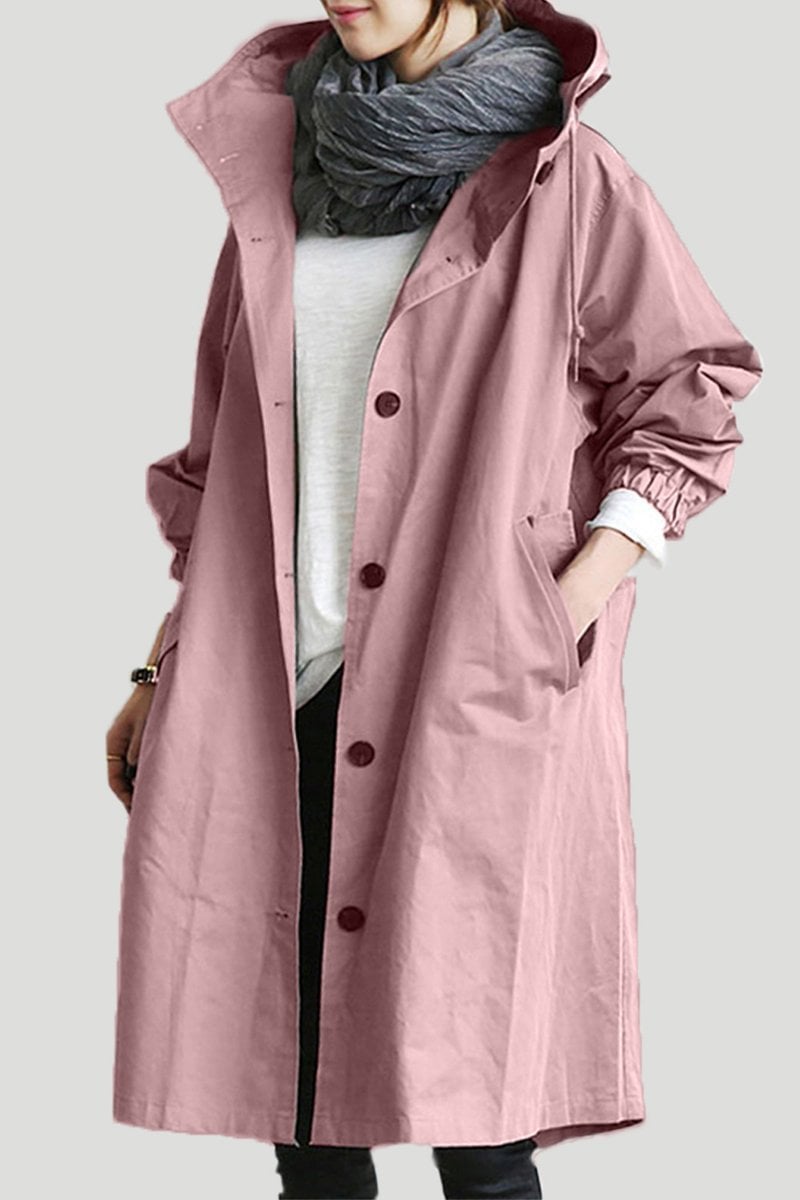 Rosafarbener Damen Trenchcoat mit Kapuze – leichter wasserdichter Mantel – Haus92