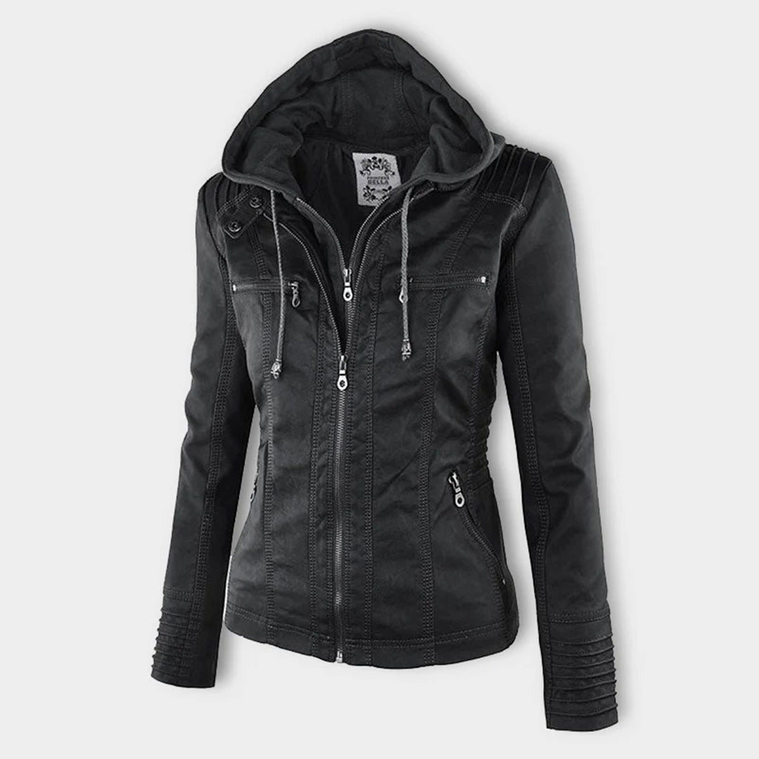 Schwarze Damen Winterjacke mit Kapuze, figurbetonte Passform