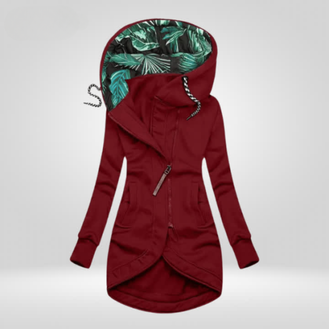 Damen Winterjacke mit Kapuze in Weinrot, windabweisendes Obermaterial, Frontansicht